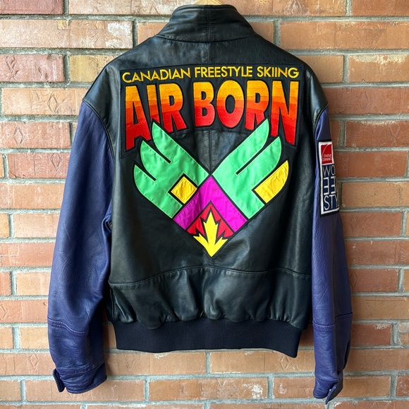 Vintage Canadian Skiing Embroidered Leather Jacket / Large / 90s / Air Born - Picture 1 of 10